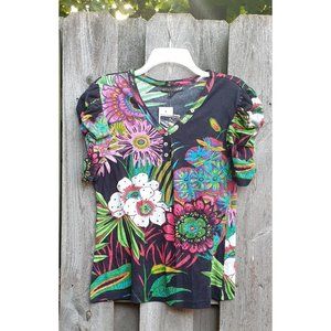 Mirror Image XL Women's Floral Cotton V Neck Top Blouse Paillettes